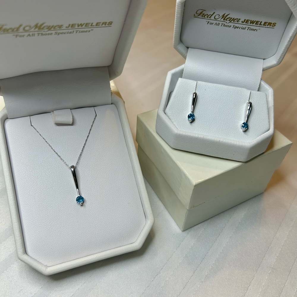 14K White Gold and Blue Topaz Fred Meyer "Drop" pendant and earrings